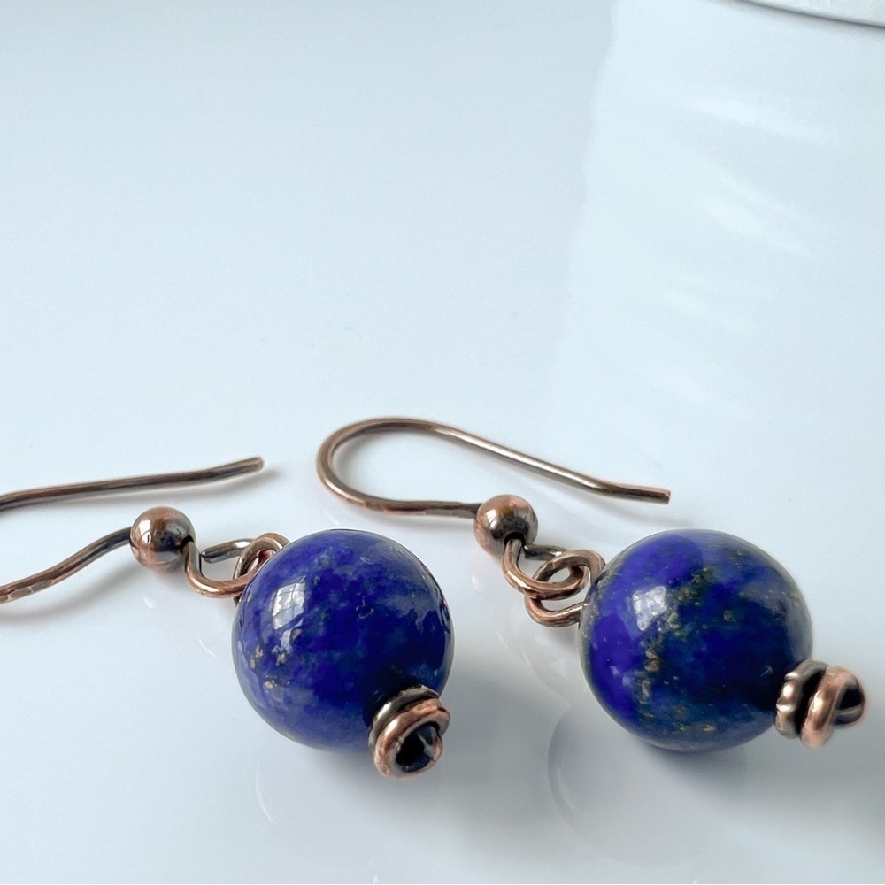 Blue Lapis Beaded Wire Wrap Copper Minimalist Earrings